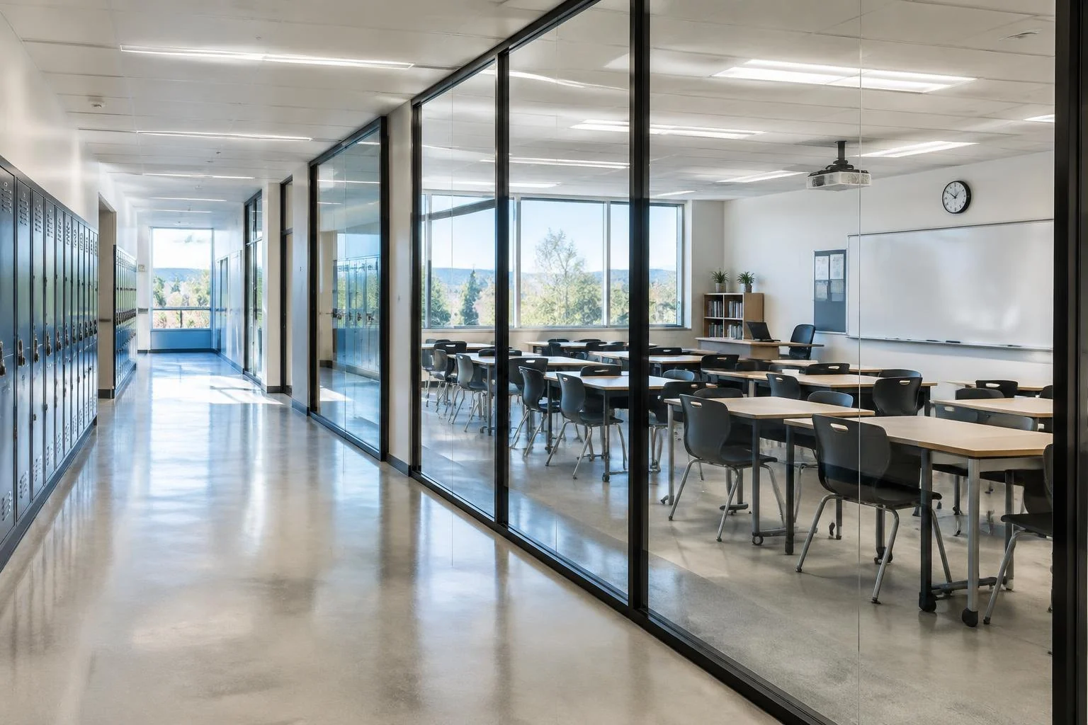 School classroom behind a switchable glass wall with fully transparent switchable smart glass