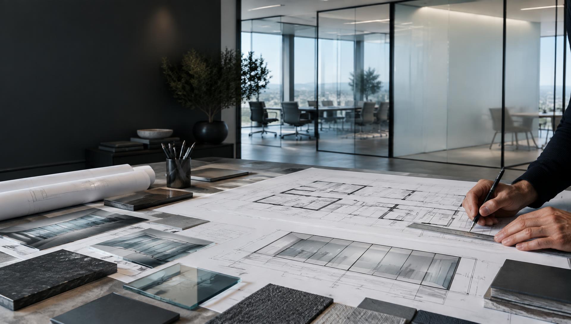 Architectural plans and smart glass specification documents