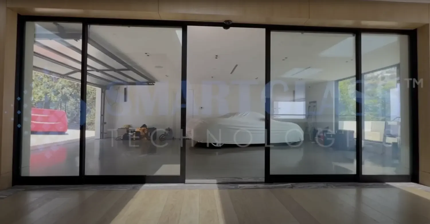 Automatic sliding doors with privacy smart glass