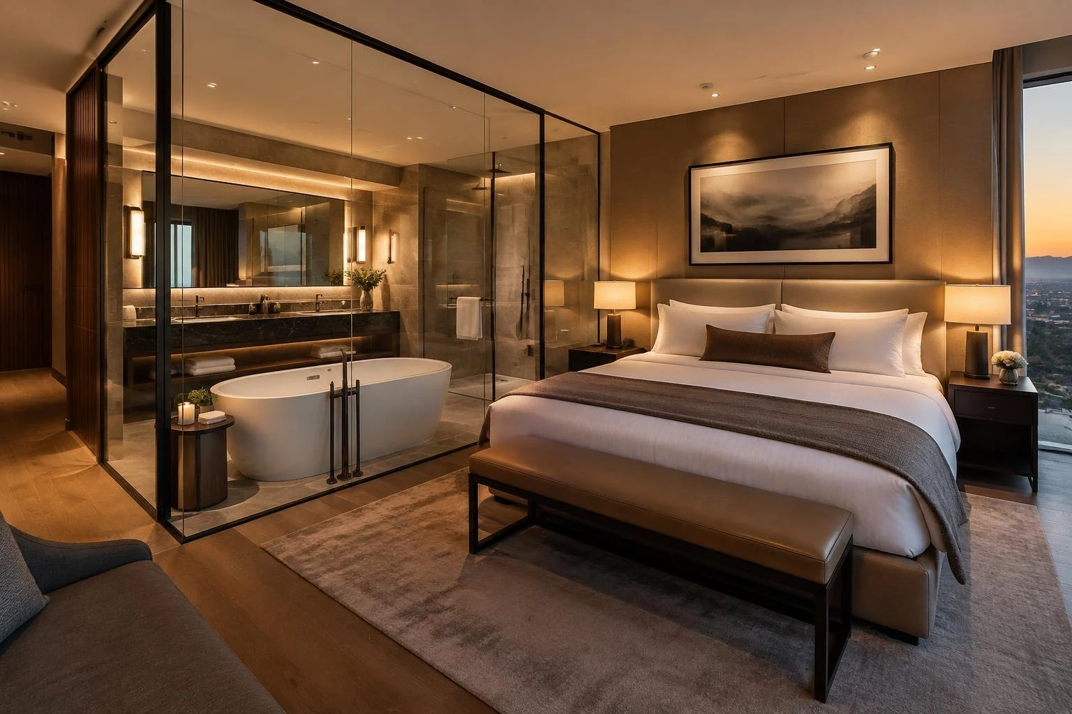 Hotel suite bathroom behind a switchable glass partition with fully transparent switchable smart glass