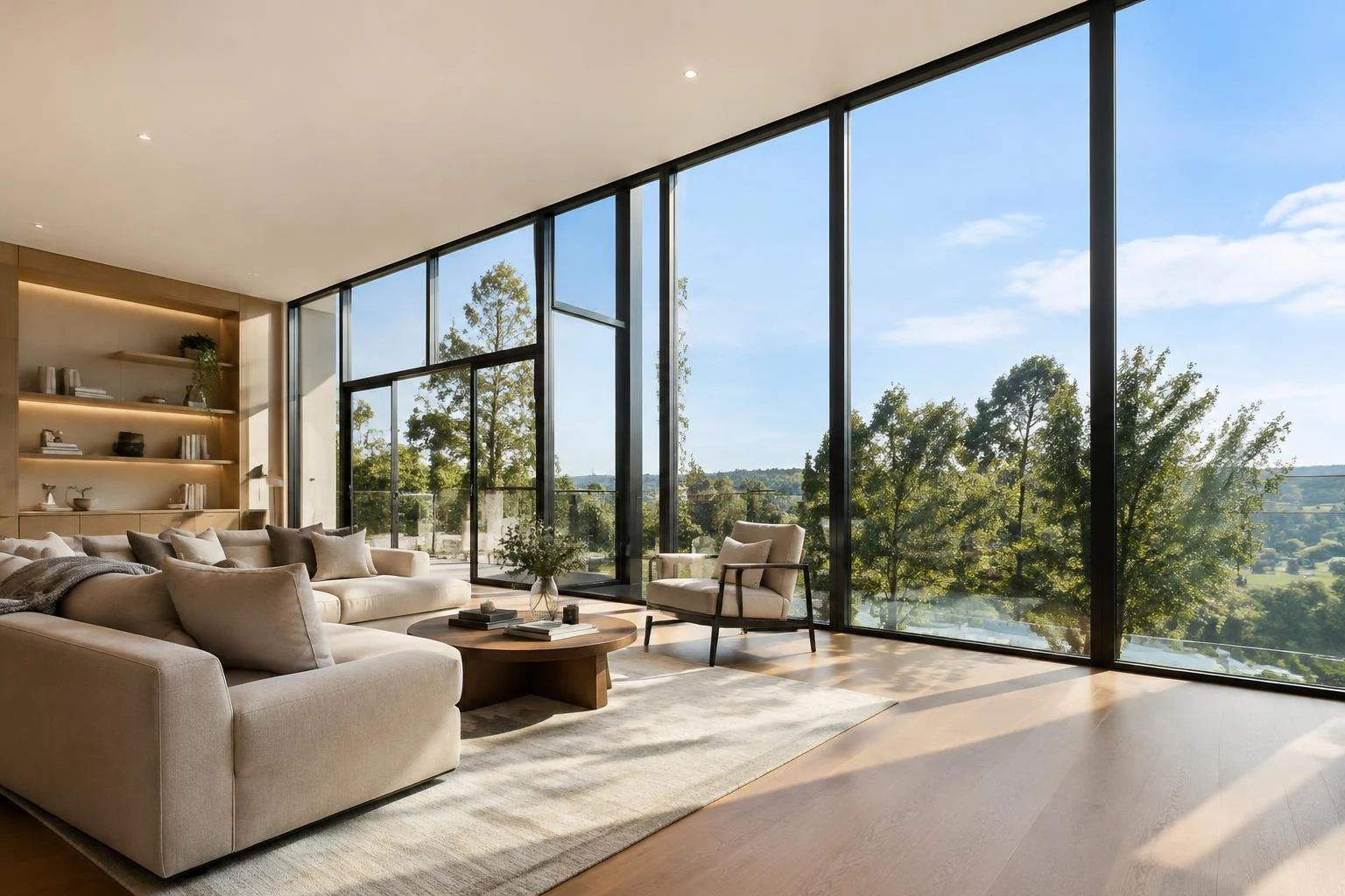 Living room floor-to-ceiling windows with switchable smart glass with fully transparent switchable smart glass