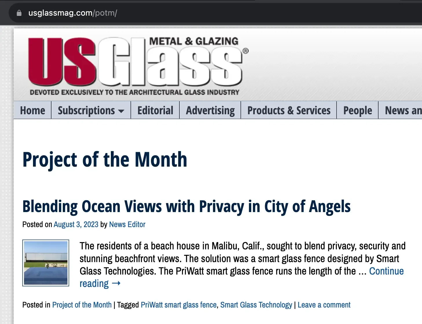 National Recognition as the Project of the Month for August 2023 by US Glass Magazine
