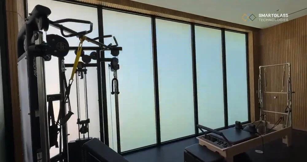 Miami home gym with smart glass windows