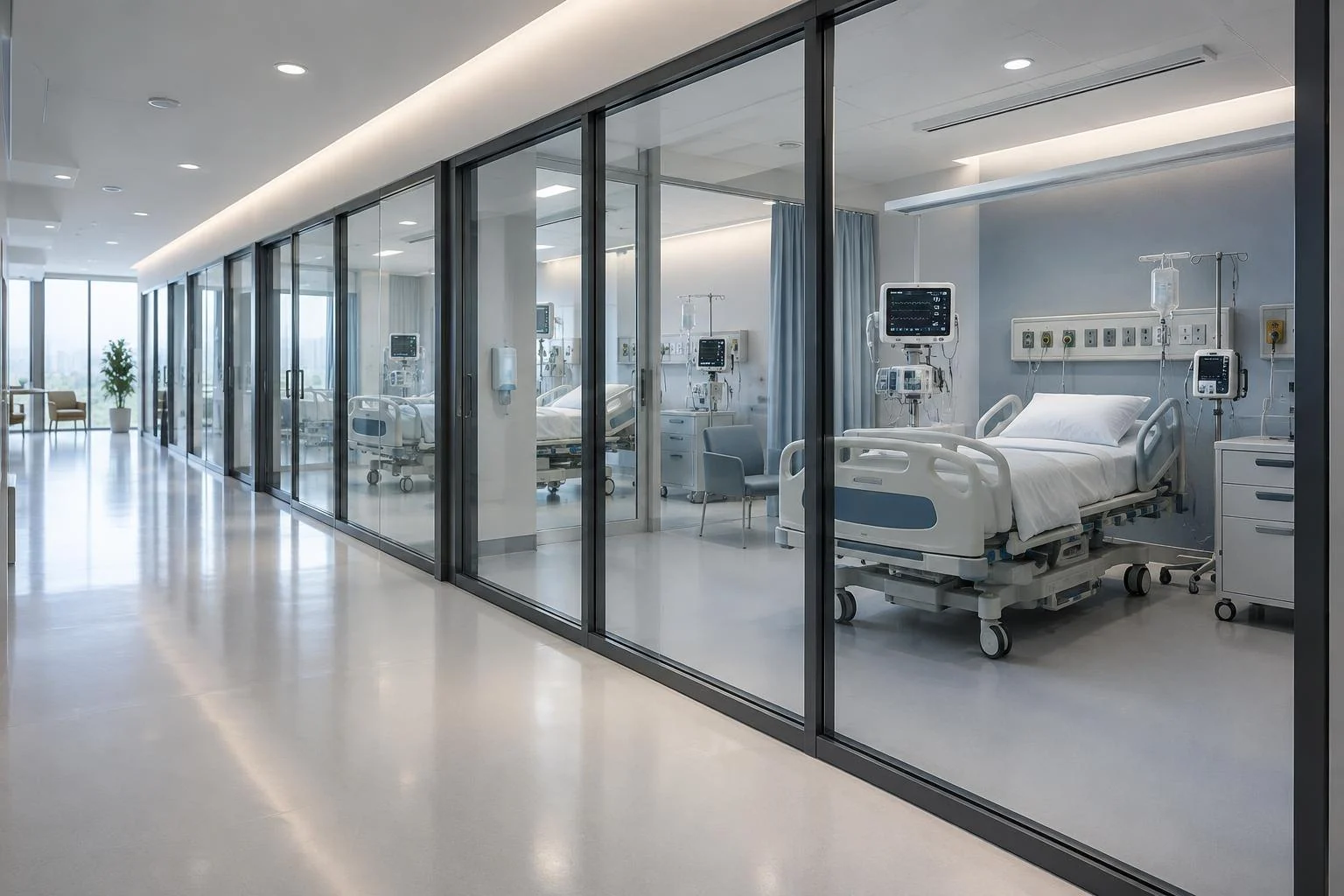 Hospital ICU patient rooms behind a glass partition with fully transparent switchable smart glass
