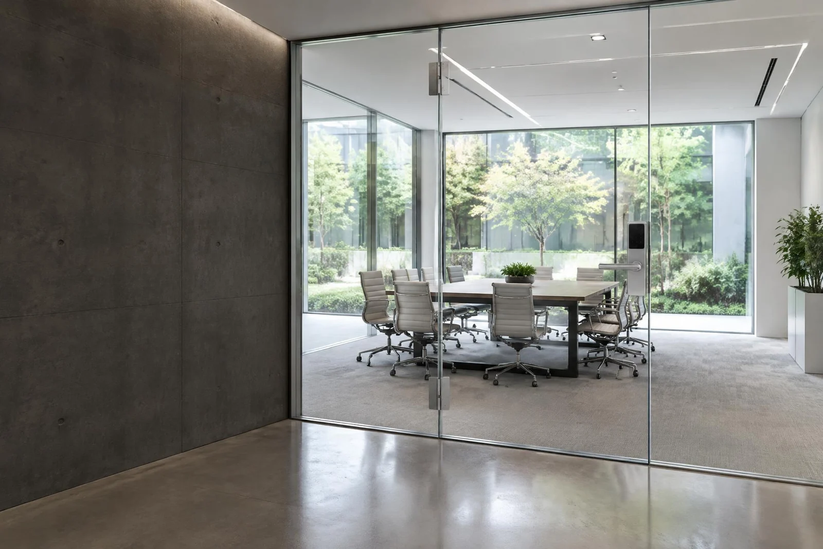 Illustrative office glass door with smart access hardware and transparent glass