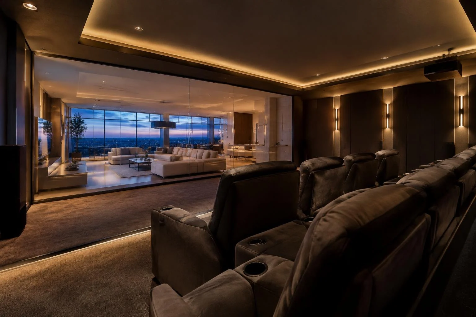 Home cinema behind a switchable glass wall with fully transparent switchable smart glass