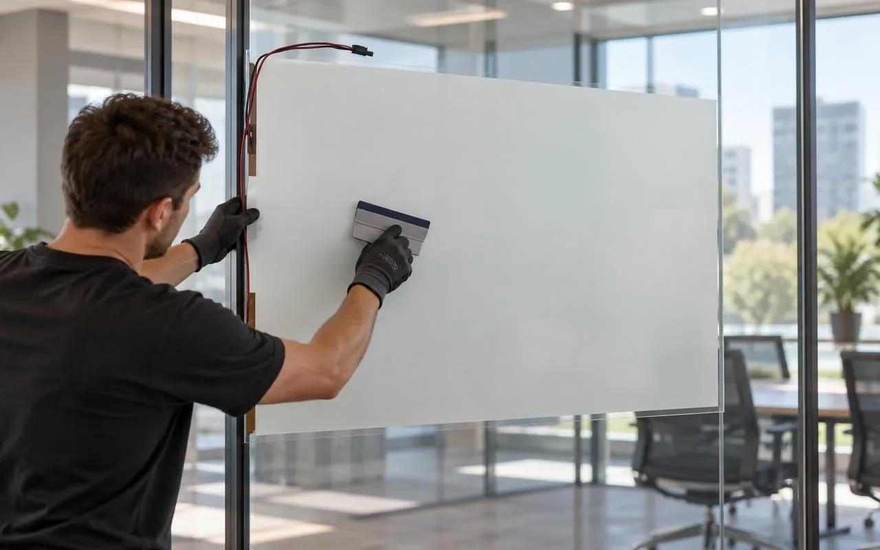 Installer smoothing a frosted PriWatt smart film panel onto a glass office partition, with copper electrodes and cables at the panel edge