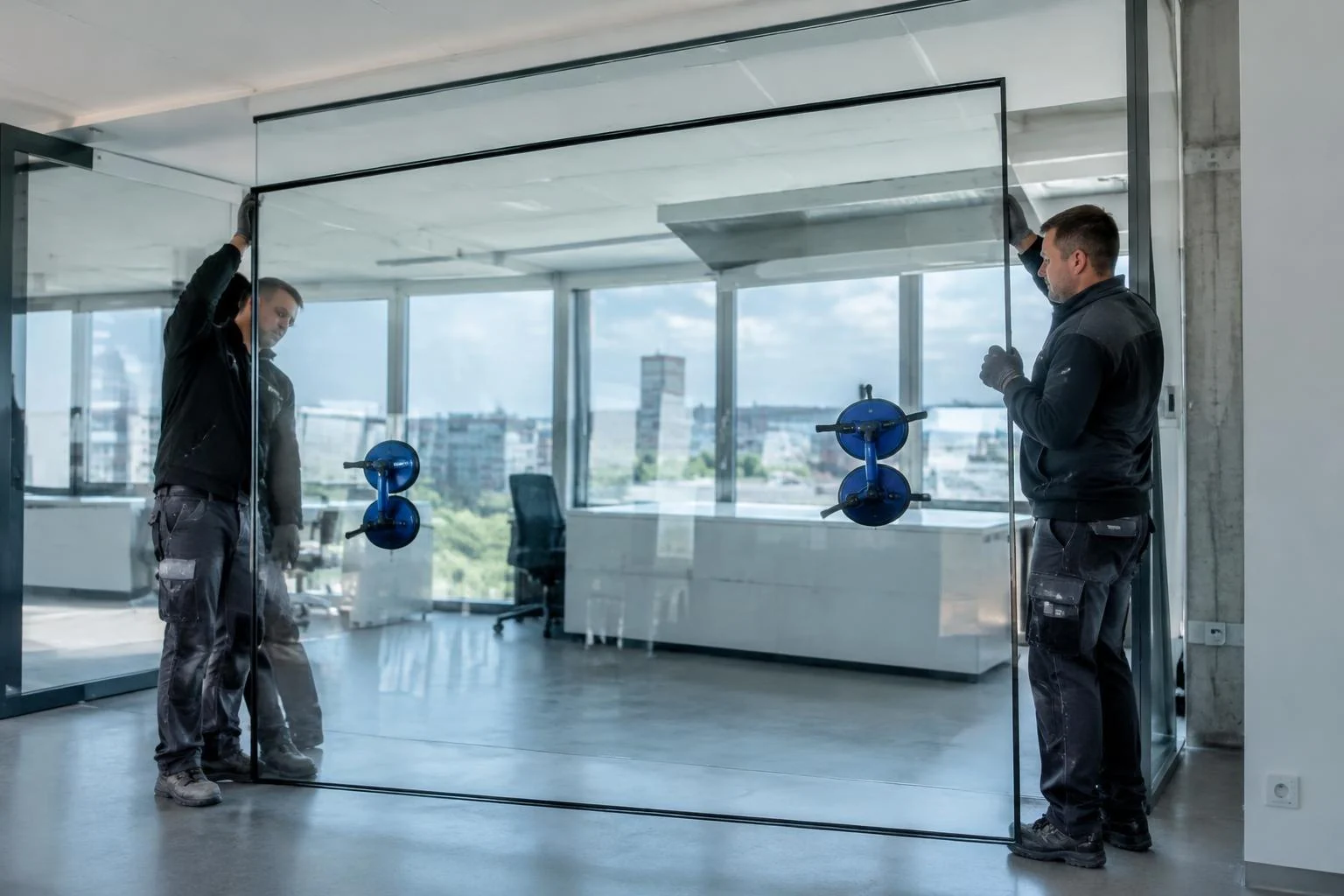 Installers fitting a large switchable glass panel with fully transparent switchable smart glass