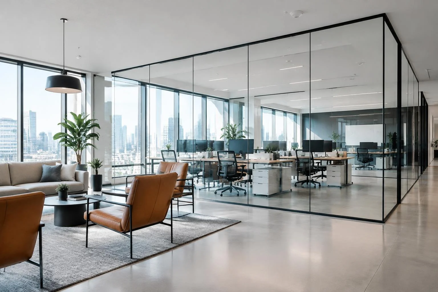 Office lounge separated by a switchable glass divider wall with fully transparent switchable smart glass