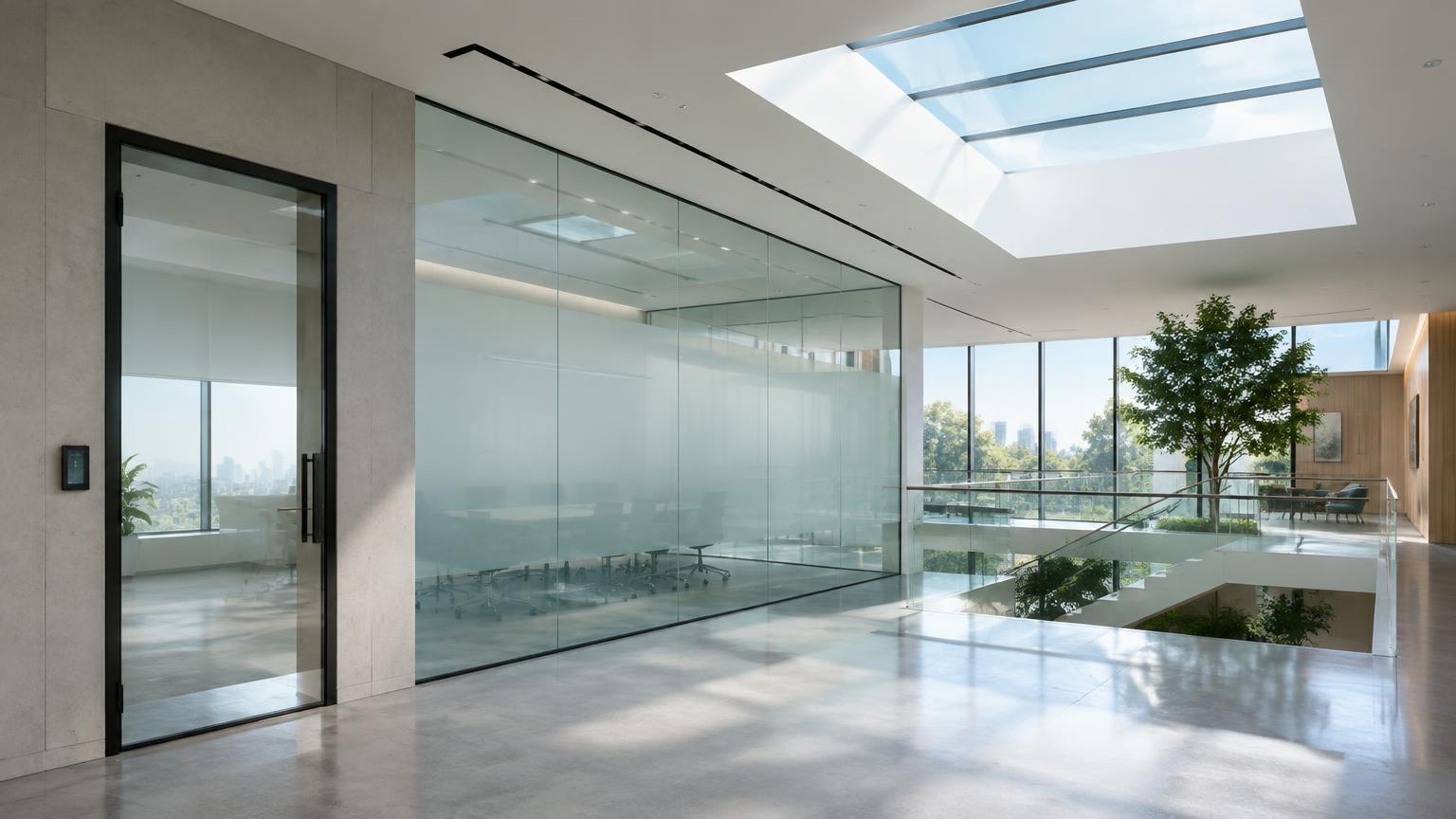 Smart glass formats in a modern building interior