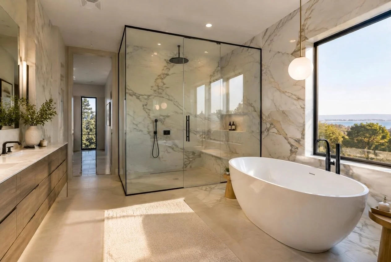 Luxury bathroom shower behind switchable smart glass with fully transparent switchable smart glass
