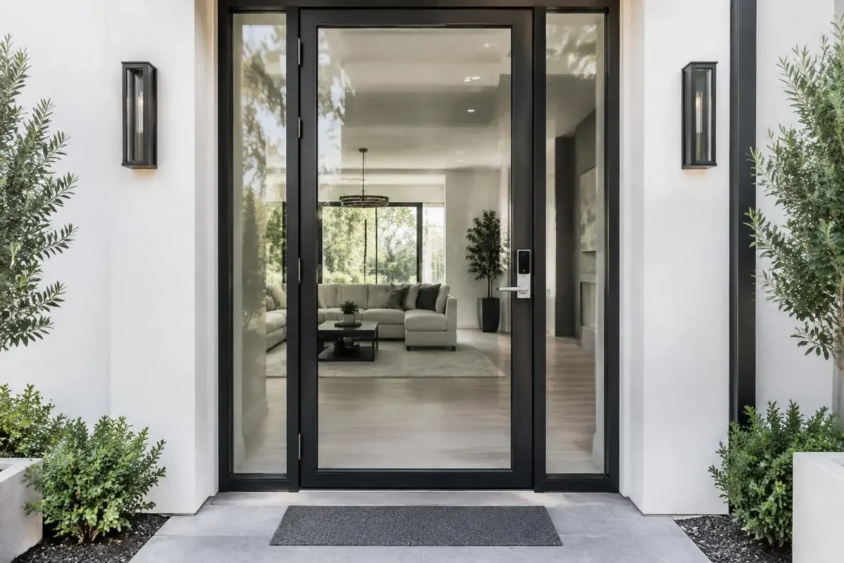 Entry door with sidelights behind switchable smart glass with fully transparent switchable smart glass