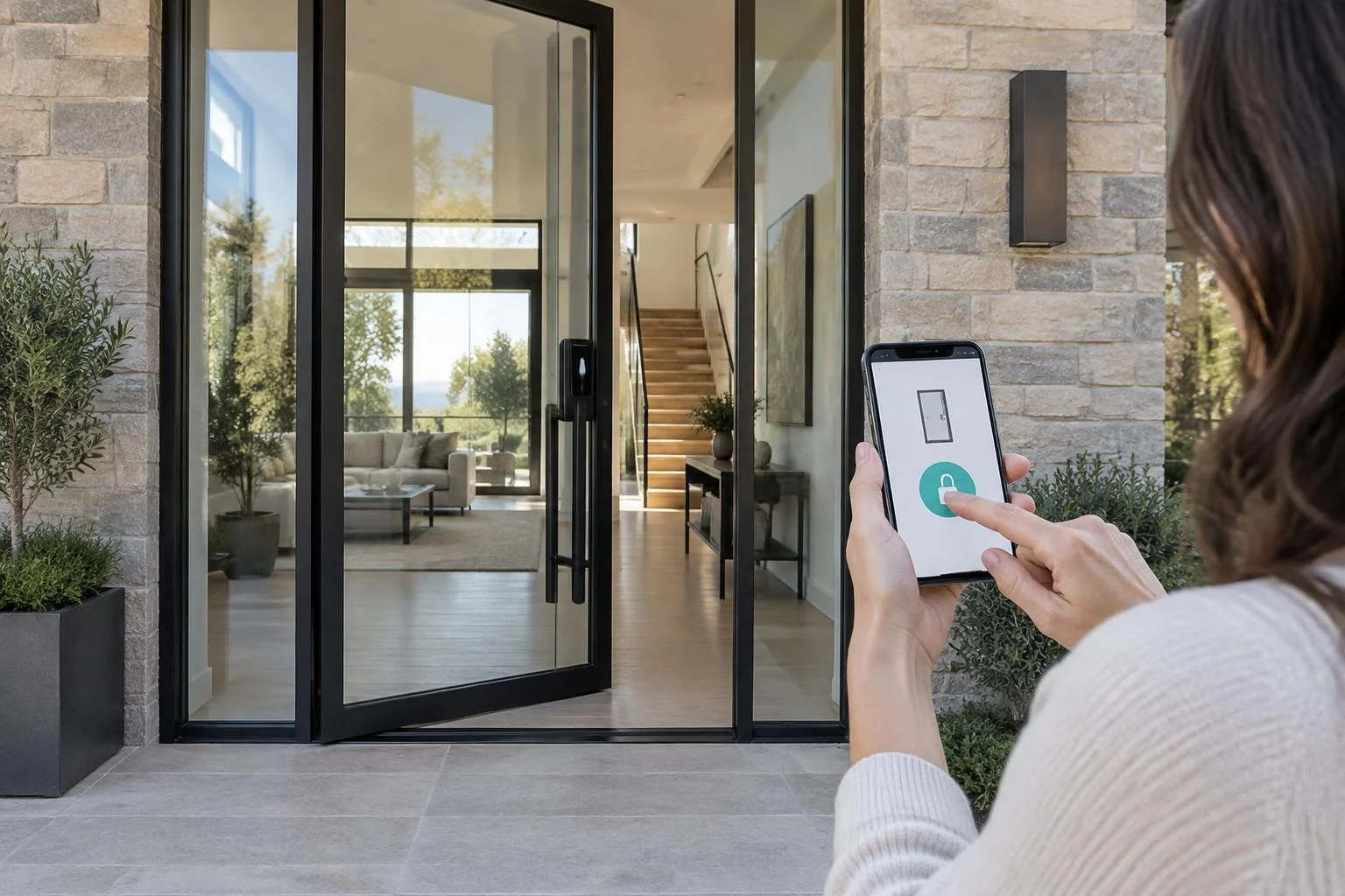 Illustration of a homeowner tapping a phone to access a residential glass entry door