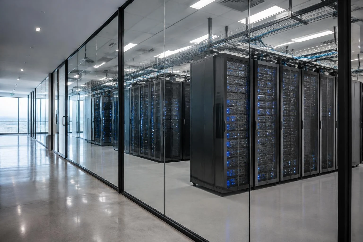 Data center server hall behind a switchable glass wall with fully transparent switchable smart glass