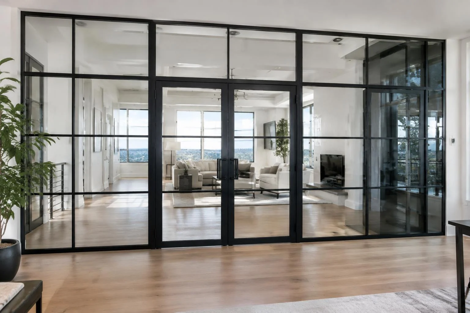Black grid framed glass wall and double doors with switchable glass with fully transparent switchable smart glass