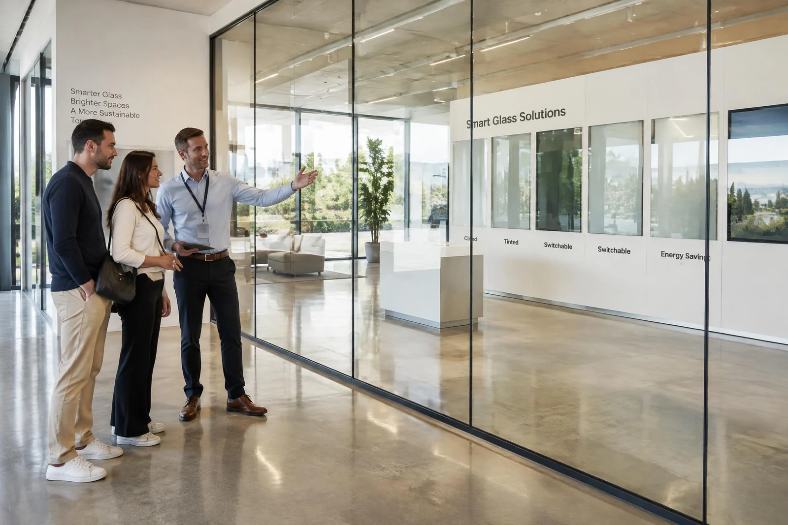 Smart glass showroom with fully transparent switchable smart glass