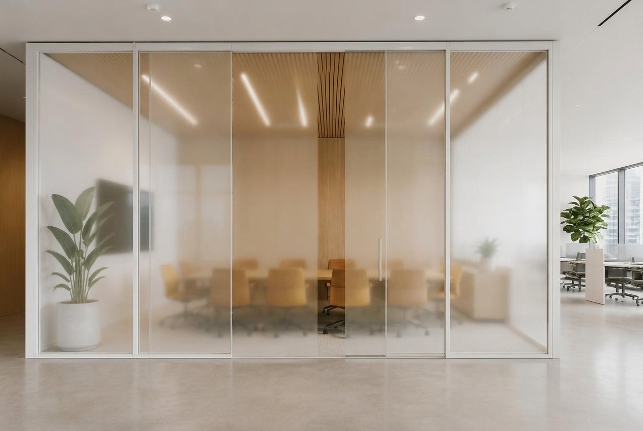 The same conference room with the Smart Glass partition switched to frosted privacy mode while daylight still passes through