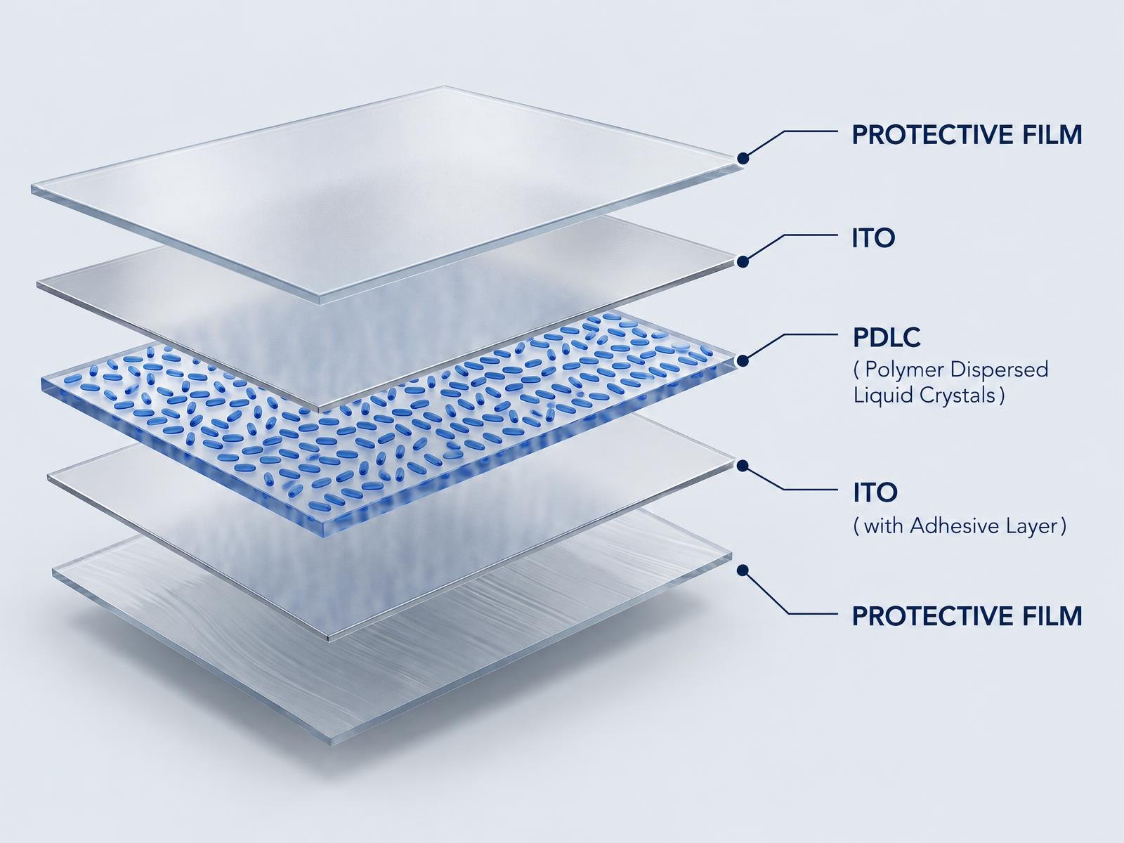 PDLC film layers, top to bottom: Protective Film; ITO; PDLC (Polymer Dispersed Liquid Crystals); ITO (with Adhesive Layer); Protective Film.