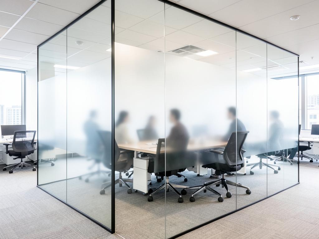 Switchable smart glass office partition in its clear state